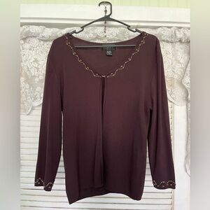 Cutesy brown cardigan with wood and gold threaded adornments